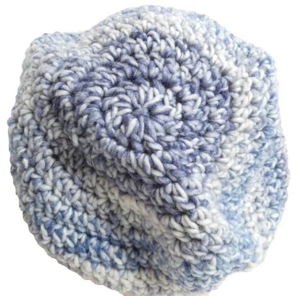 Blue Wool Slouchy Cap Striped Hat Baggy Beanie Handmade Crochet Hand Knit USA OS - Picture 4 of 7